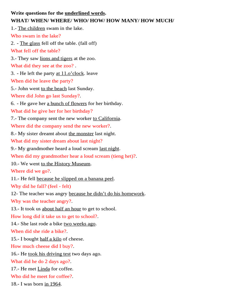 Questions for Underlined Words Worksheet | PDF