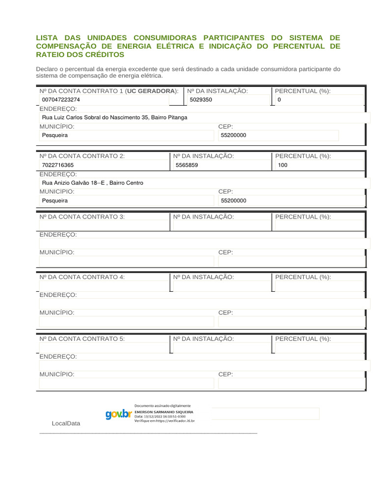 Lista de Compensação GD - Formulario - Lista de Unidades Participantes ...