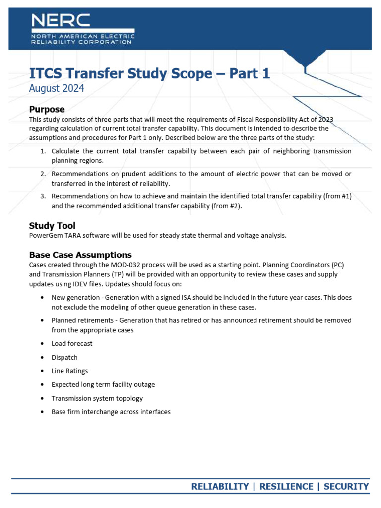 Itcs Transfer Study Scope Part 1 Final Pdf Electric Power