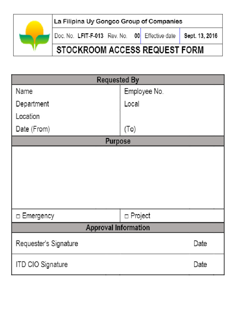 LFIT-F-013 Rev 00 Stockroom Access Request Form | PDF