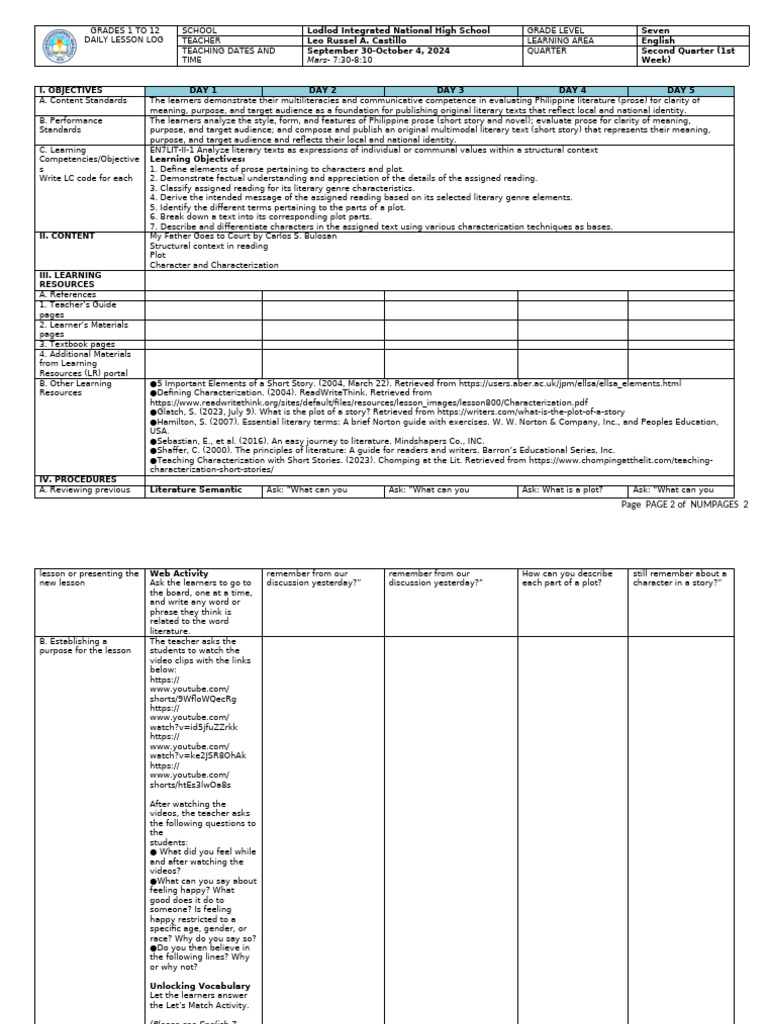 English 7 Lesson Plan: Prose Analysis | PDF | Reading Comprehension | Genre