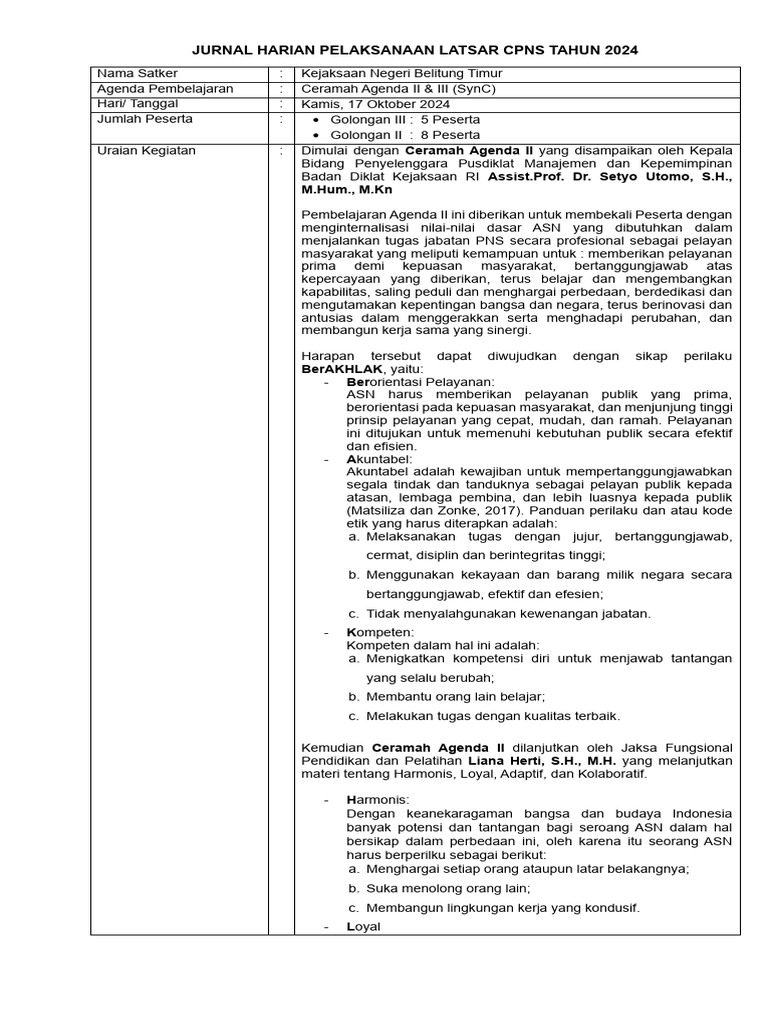 Jurnal Harian Latsar CPNS 2024 | PDF | Karier & Perkembangan