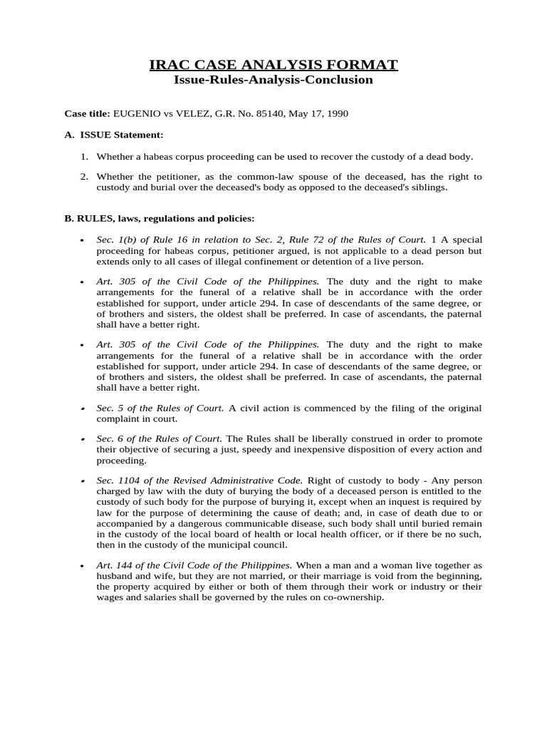 Custody Rights in Eugenio vs Velez Case | PDF | Habeas Corpus | Legal ...