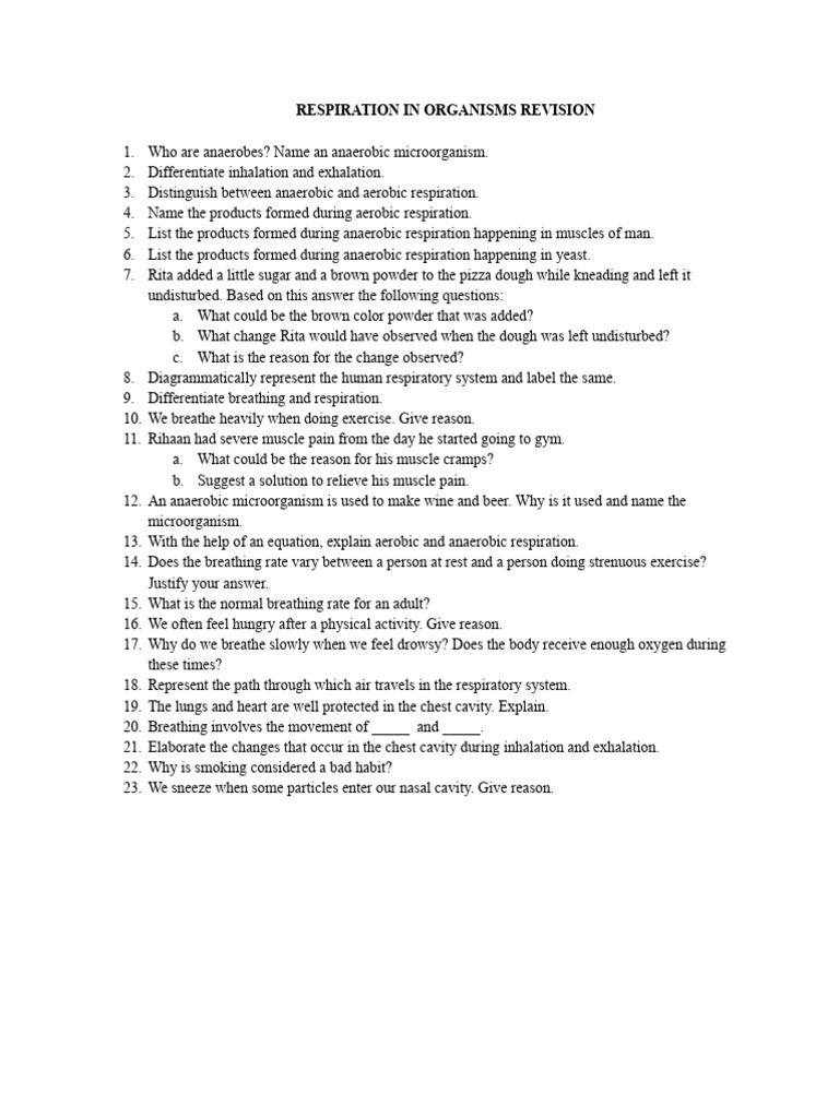 Respiration Revision Test | PDF | Wellness | Science & Mathematics