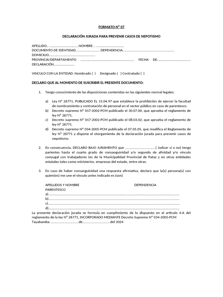Declaración Jurada Antinepotismo 2024 | PDF