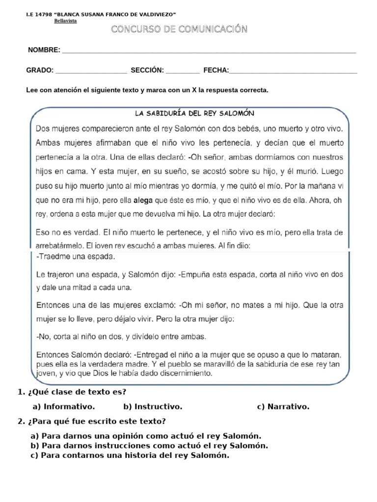 PRUEBA PARA EL CONCURSO DE COMUNICACIÒN 5 Grado | PDF