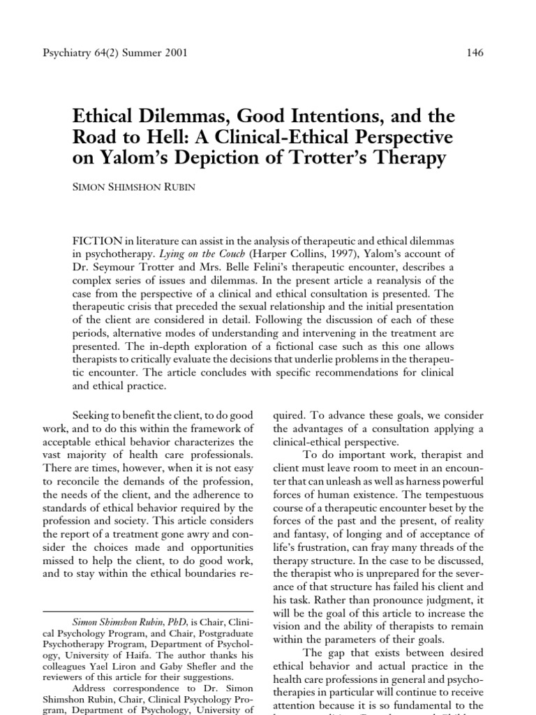 Rubin 2001 Ethics Road To Hell Psychiatry PDF Psychotherapy Clinical Psychology