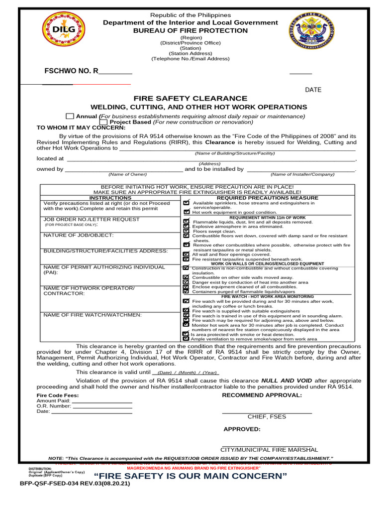 Fire Safety Clearance for Hot Work Operations | PDF | Fires | Fire Safety