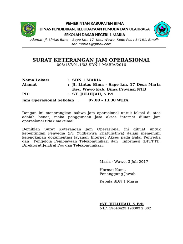 Contoh SURAT JAM OPERASIONAL Sekolah | PDF