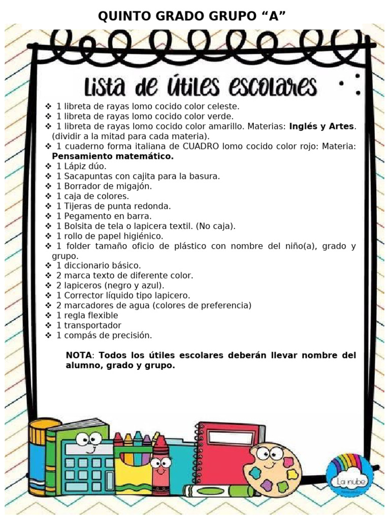 Lista de útiles para quinto grado | PDF | Hogar, jardinería y bricolaje