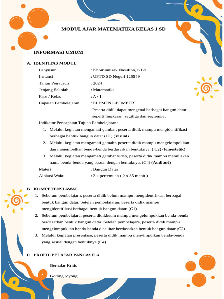 Modul Ajar Matematika Kelas 1 SD | PDF