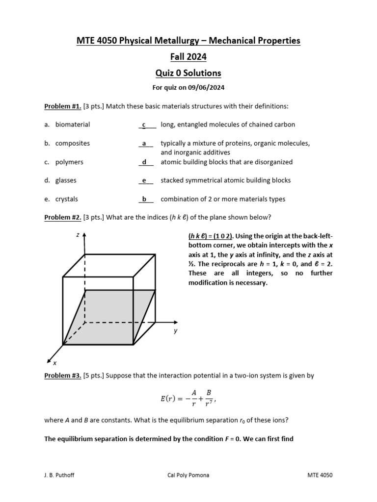 MTE 4050 Quiz 0 Solutions | PDF | Stress (Mechanics) | Bending