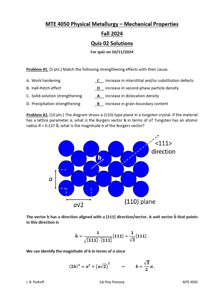 MTE 4050 Quiz 02 Solutions: Metallurgy | PDF | Dislocation ...