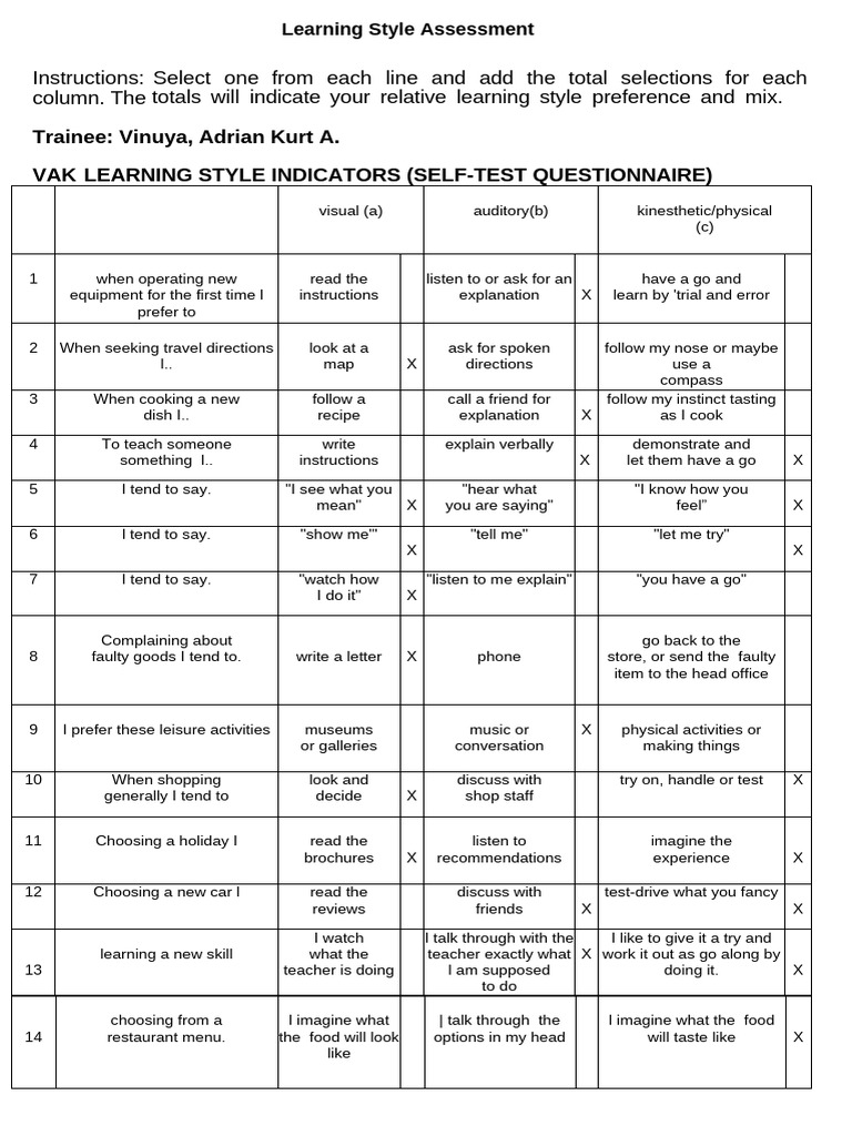Sample Learning Style Vinuya Adrian | PDF | Learning Styles | Cognitive ...