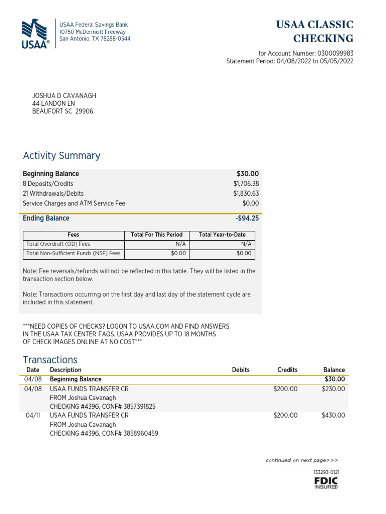 USAA Checking Statement Summary | PDF | Fee | Debits And Credits