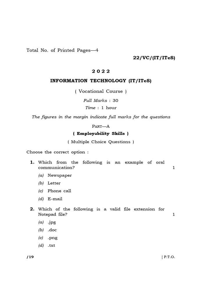 Mbose class 10 it ites vocational course question paper 2022 pdf