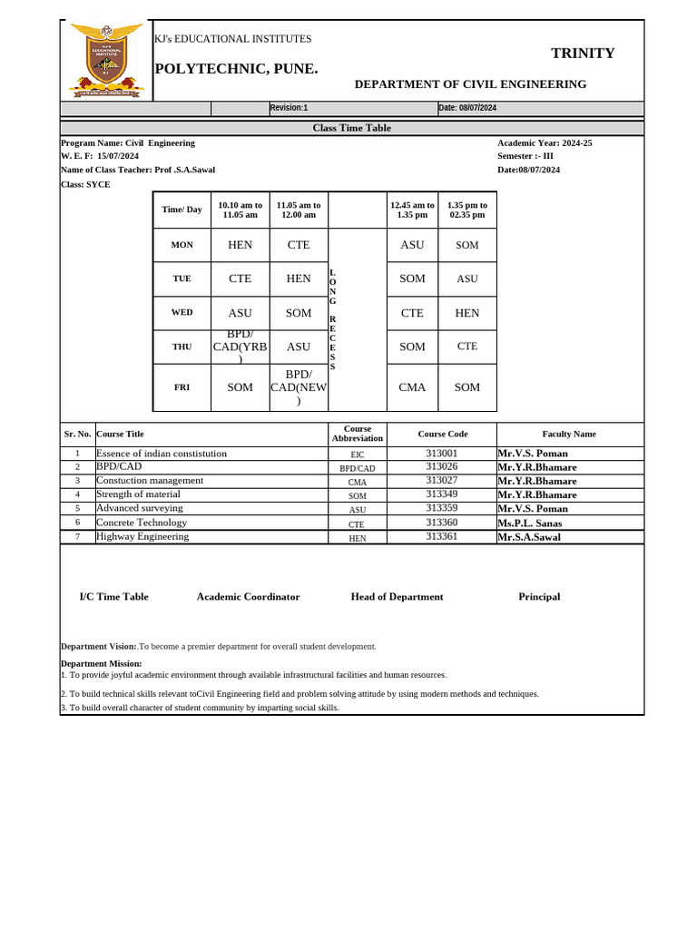 Civil Engineering Class Timetable 2024-25 | PDF | Engineering | Civil ...