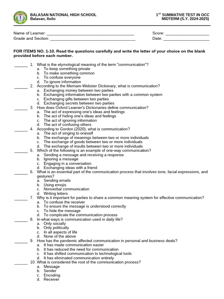1st Summative Test on Communication | PDF | Communication | Human ...