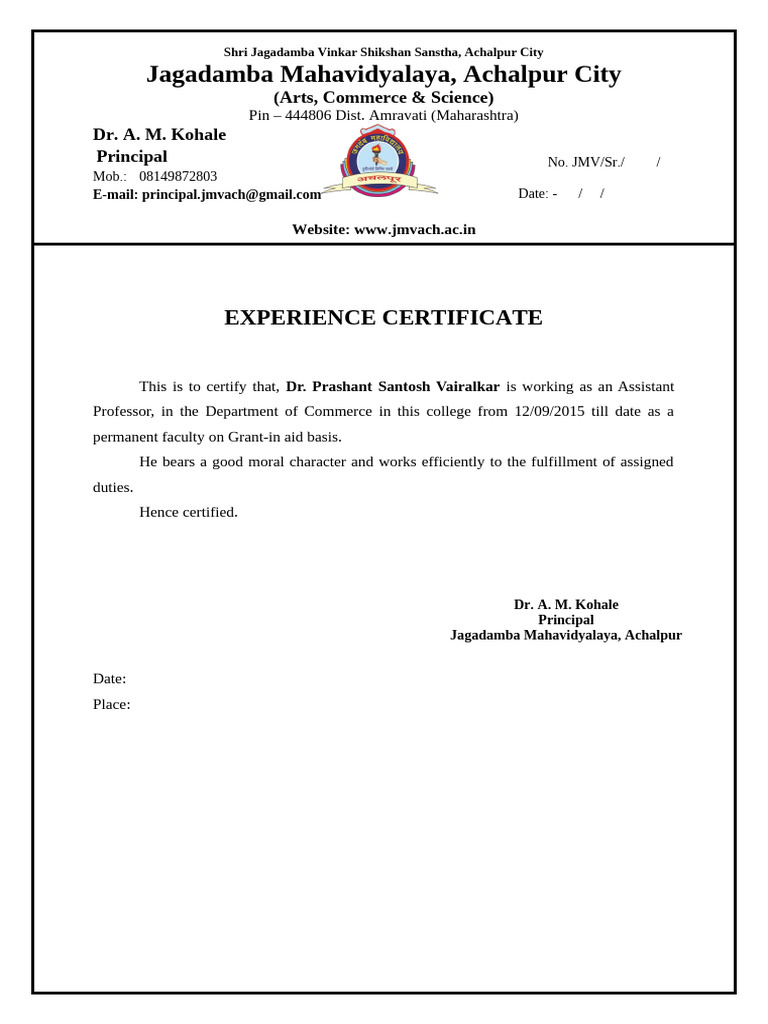 Experience Certificate for Dr. Vairalkar | PDF | Career & Growth
