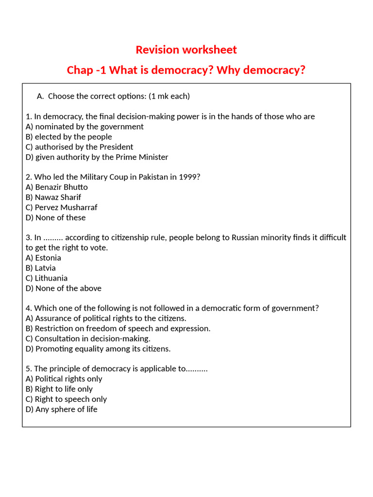 Democracy Revision Worksheet | PDF