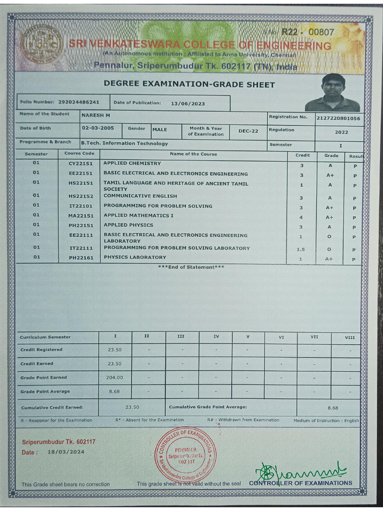 First Sem Gradesheet | PDF