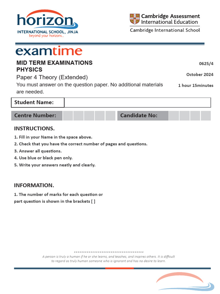 Physics Mid Term Exam Paper 4 | PDF | Refraction | Light