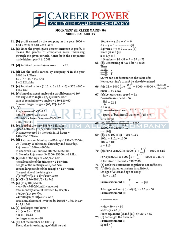 SBI CLERK MAINS 04 Solution NUMERICAL ABILITY | PDF | Triangle ...