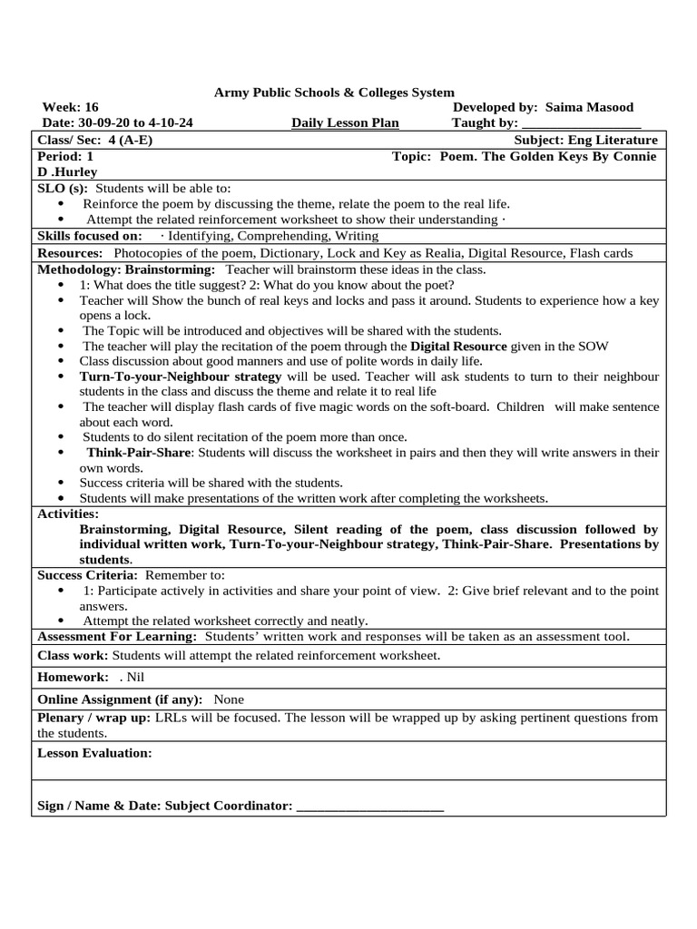 RD Plan Lit Class 4 | PDF | Lesson Plan | Cognition