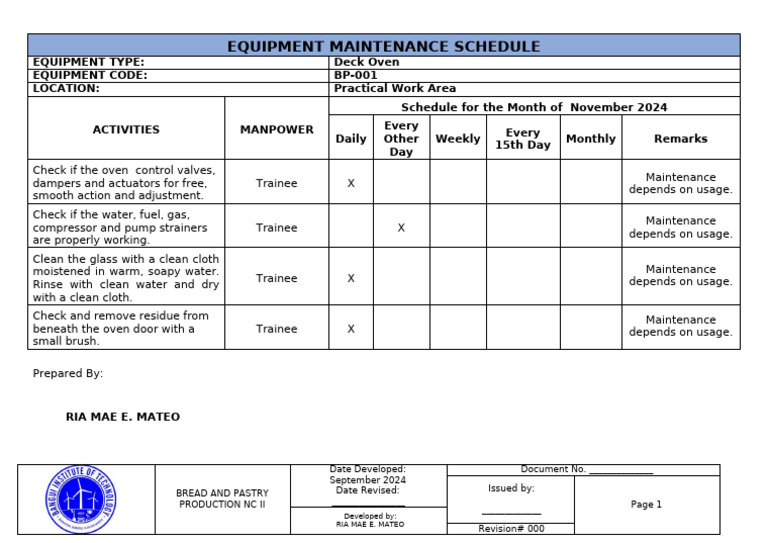 Image showcasing Equipment Maintenance Schedule | PDF | Gas Technologies | Equipment