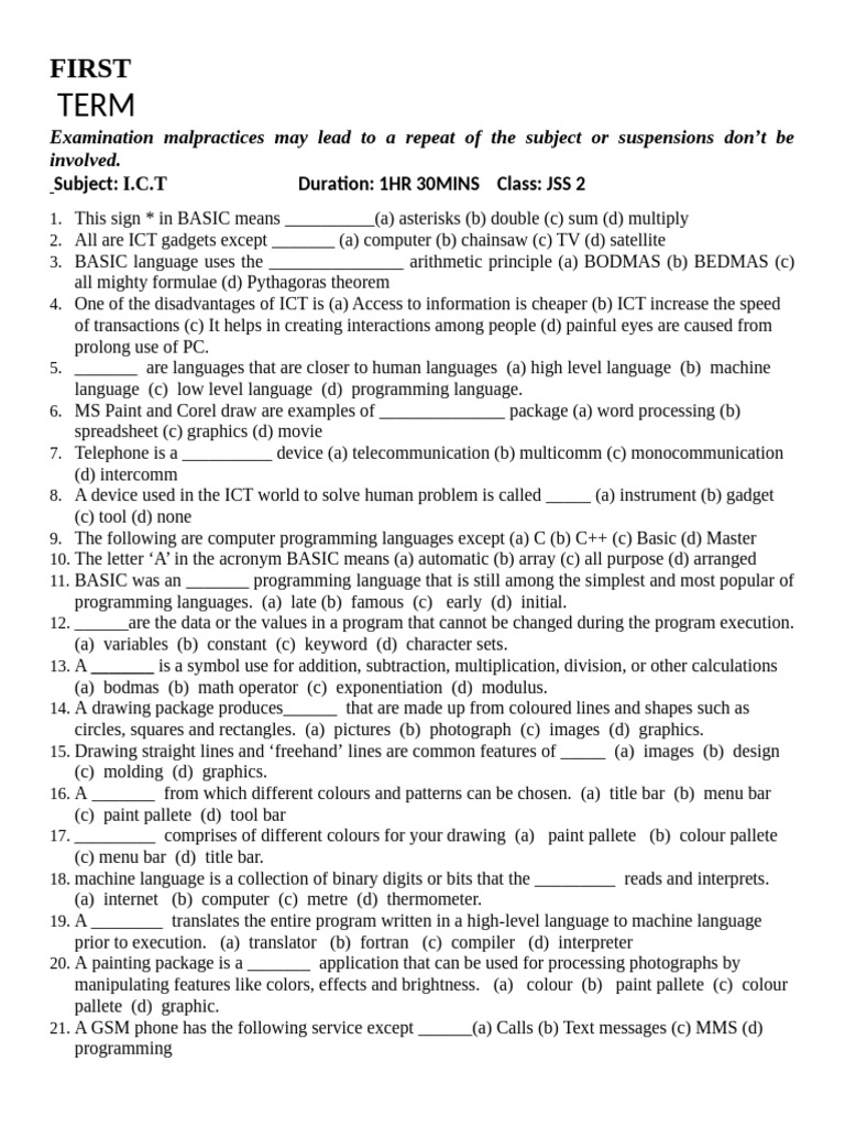 JSS2 ICT Exam Questions and Answers | PDF | Fax | Computer Program