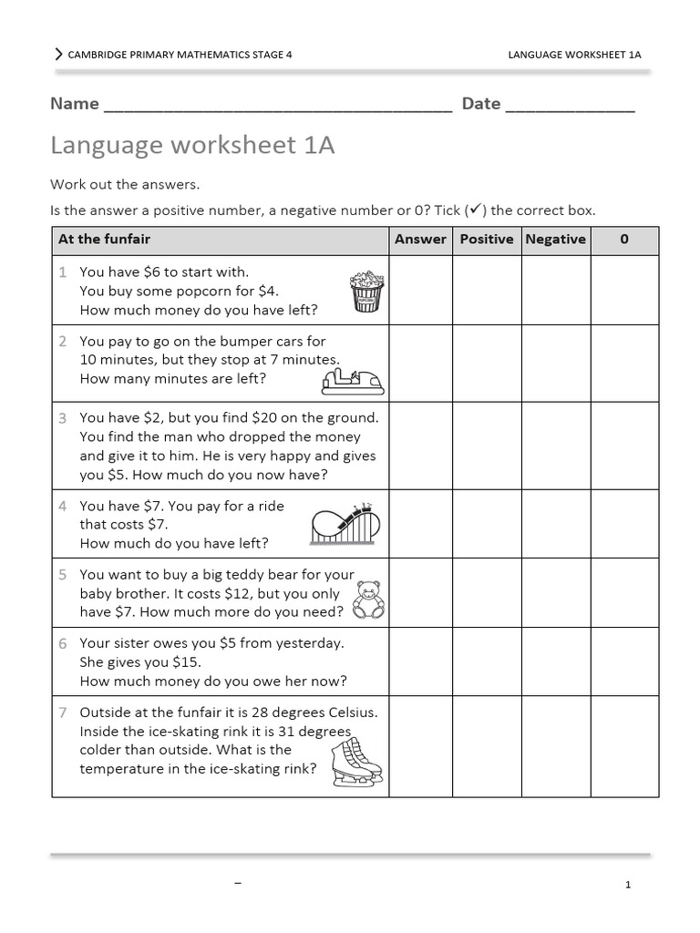Primary Math Language Worksheet 1A | PDF