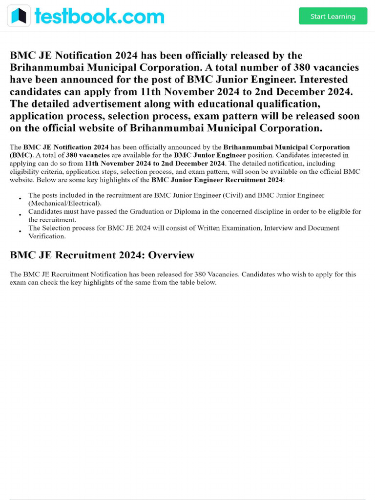 BMC JE Recruitment 2024exam Info | PDF