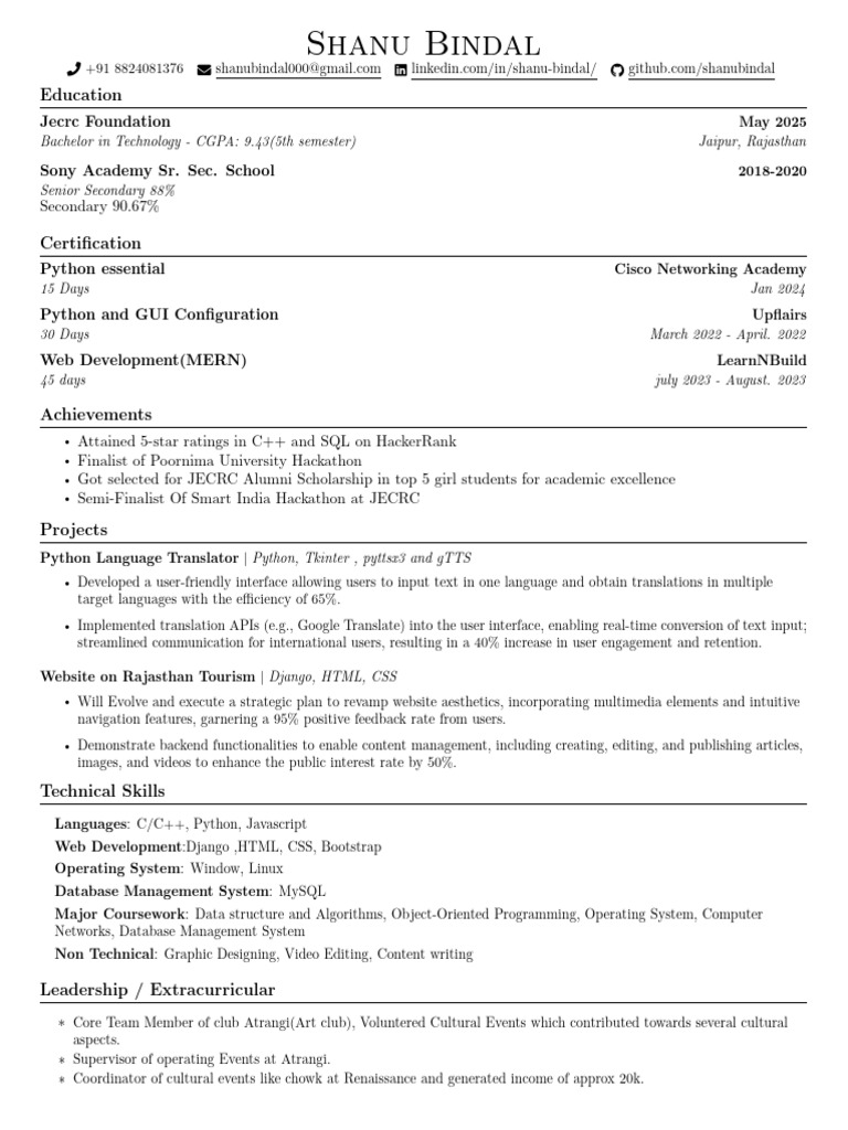 Shanubindal Resume | PDF | Web Development | Python (Programming Language)