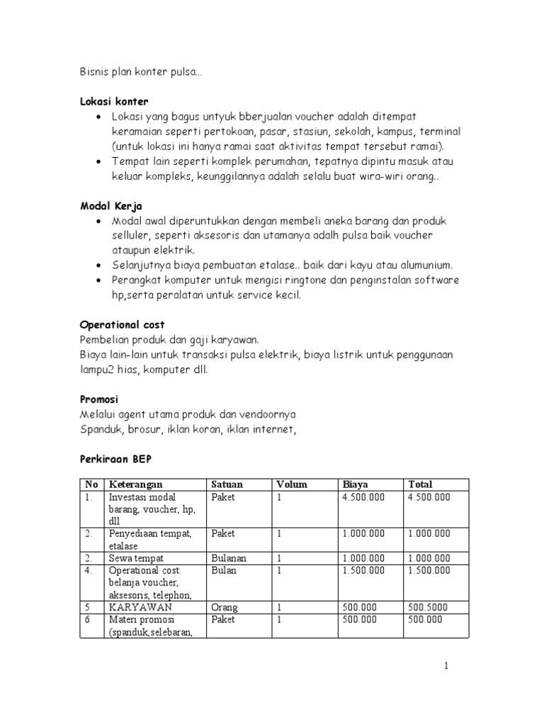 Contoh Bisnis Plan Pulsa - Simak Gambar Berikut