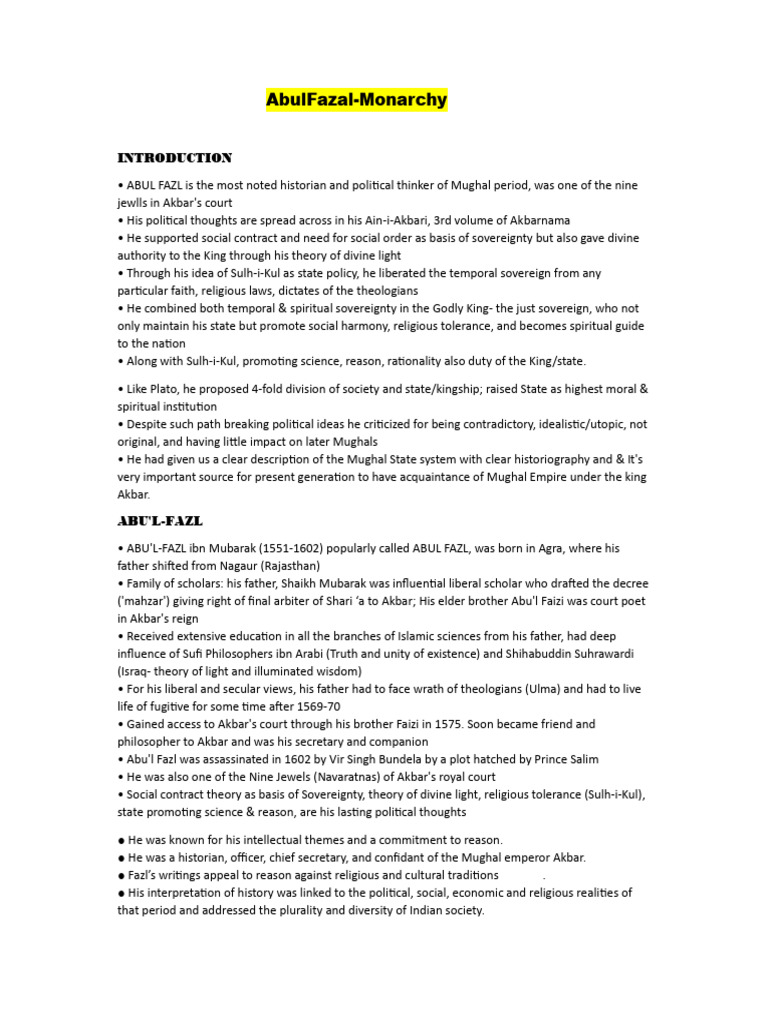 Abul Fazl's Monarchy Concept Explained | PDF