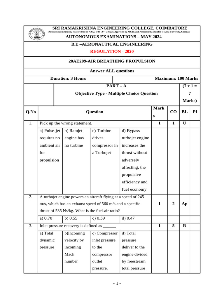 Air Breathing Propulsion Exam May 2024 | PDF | Turbine | Energy Technology