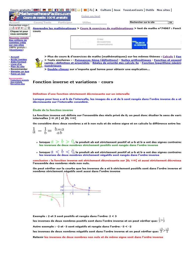 Variation de la fonction inverse | PDF | Fonction (Mathématiques ...