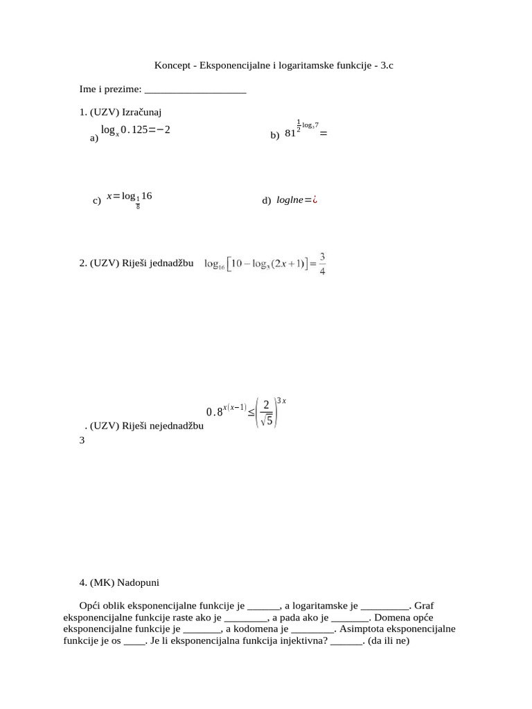 Usmeni - Ekspon. I Log - Fja - 3.c | PDF