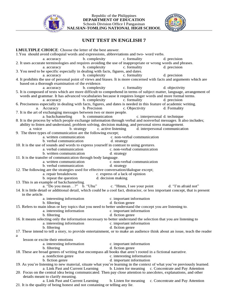 Unit Test in English 7 | PDF | Essays | Communication