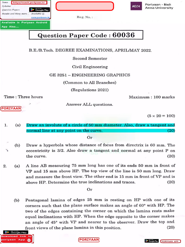 GE3251 Engineering Graphics Reg 2021 April May 2022 Question Paper ...