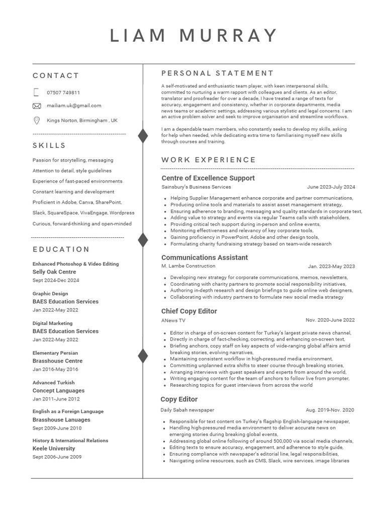 Cv full liam murray pdf editing newspapers