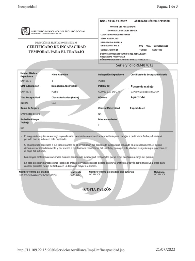 Certificado de Incapacidad Laboral | PDF
