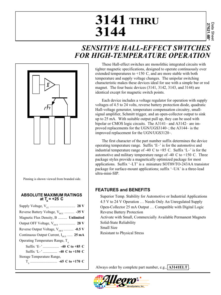 A3144 Datasheet | PDF | Transistor | Electricity