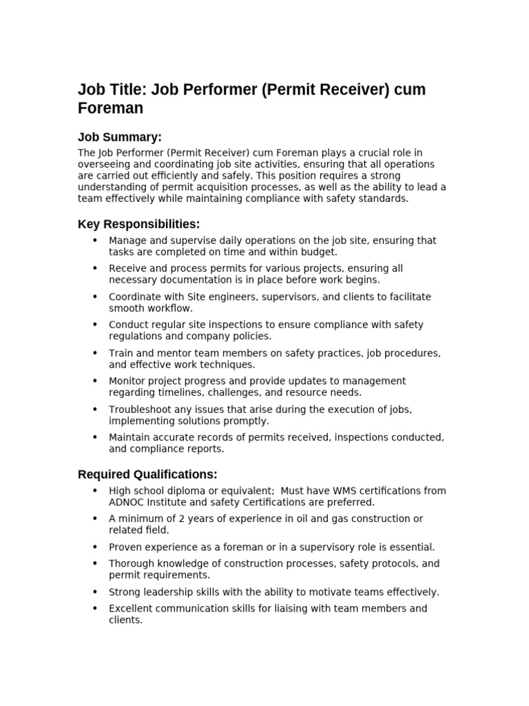 Job Performer (Permit Receiver) Overview | PDF