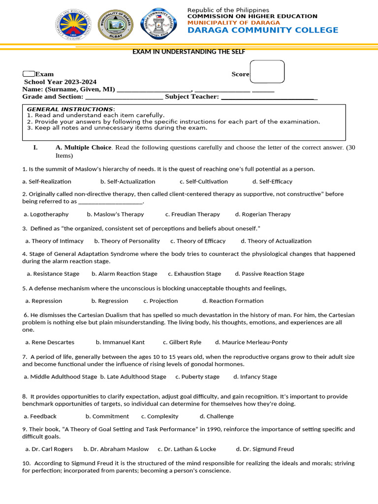 Self-Understanding Exam 2023-2024 | PDF | Id | Psychology