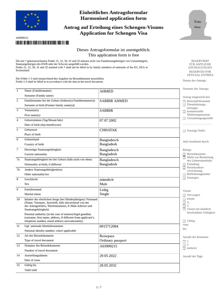Einheitliches Antragsformular Harmonised Application Form Antrag Auf ...