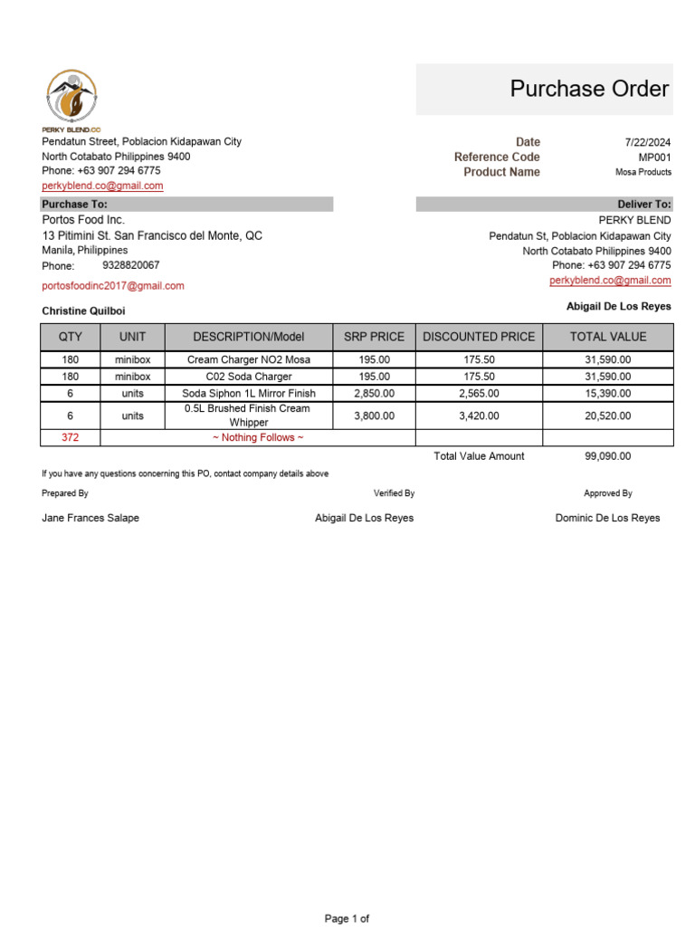 Purchase Order for Mosa Products | PDF