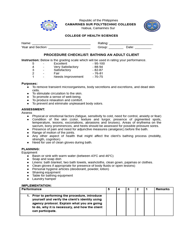 Bed Bath Checklist.docx | PDF | Hygiene | Hand Washing