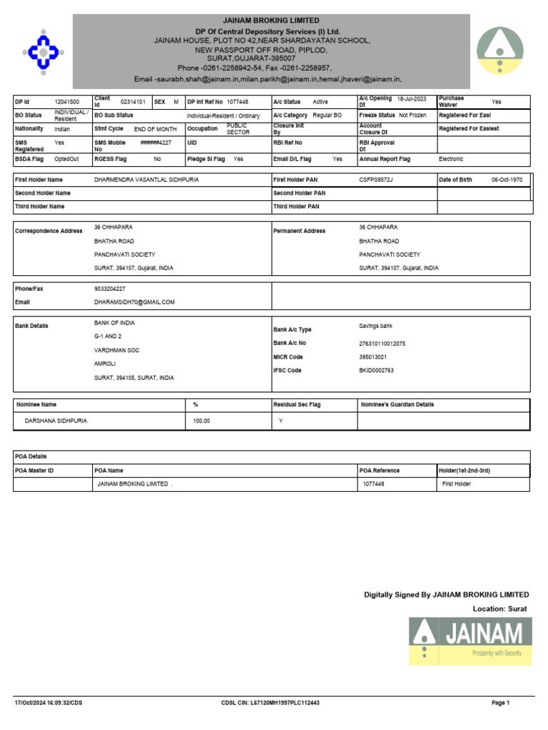 Jainam Broking Limited DP of Central Depository Services (I) LTD | PDF ...