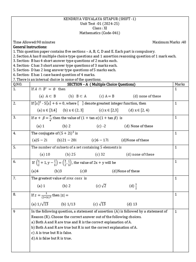 XI Maths UT-1 KVSTP | PDF | Function (Mathematics) | Mathematical Logic